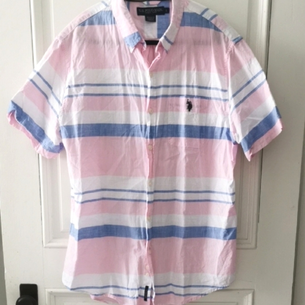 Mens U.S. POLO ASSN, vintage blue and pink preppy button down. Size Large